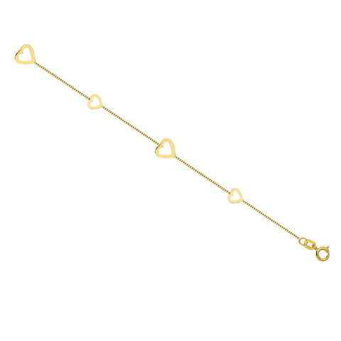 Box Chain Large and Small Heart Bracelet Station Style 14k Yellow Gold