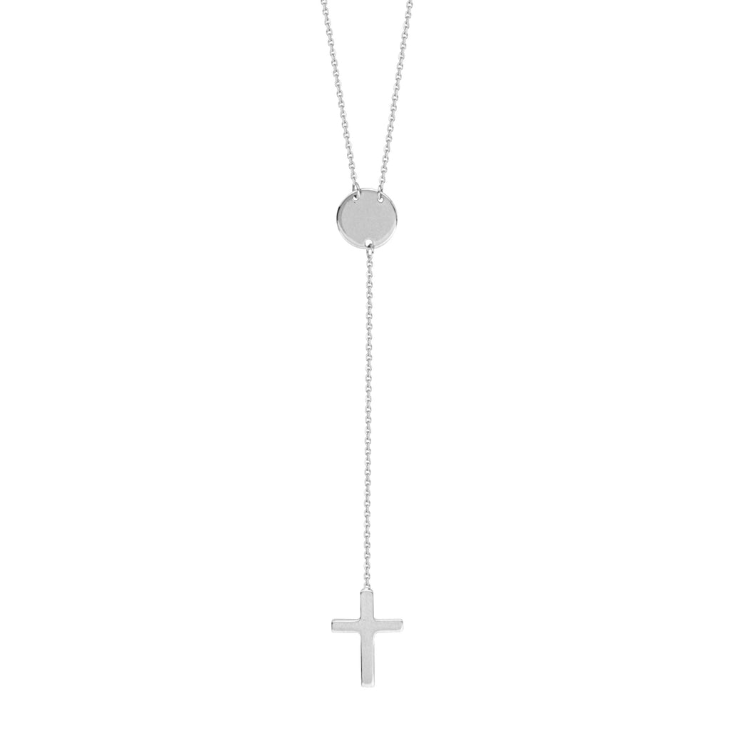 Disk and Cross Drop Necklace Lariat Style 14k White Gold Adjustable Length