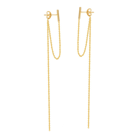 Staple Bar Drop Earrings 14k Yellow Gold Connected and Long Drop Chains