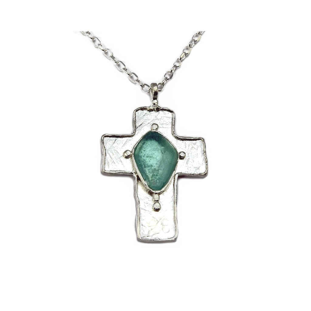 Ancient Roman Glass Cross Necklace Sterling Silver with 18-inch Chain