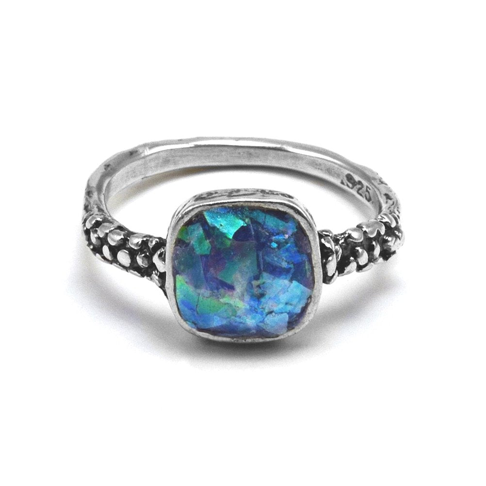 Ancient Roman Glass Ring Square Shape Multicolored Sterling Silver