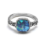 Ancient Roman Glass Ring Square Shape Multicolored Sterling Silver