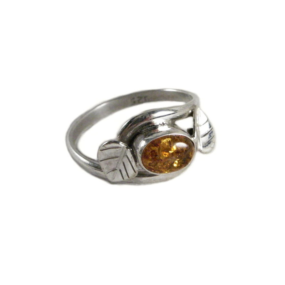 Baltic Amber Leaf Vine Wrap Style Ring Sterling Silver Fair Trade