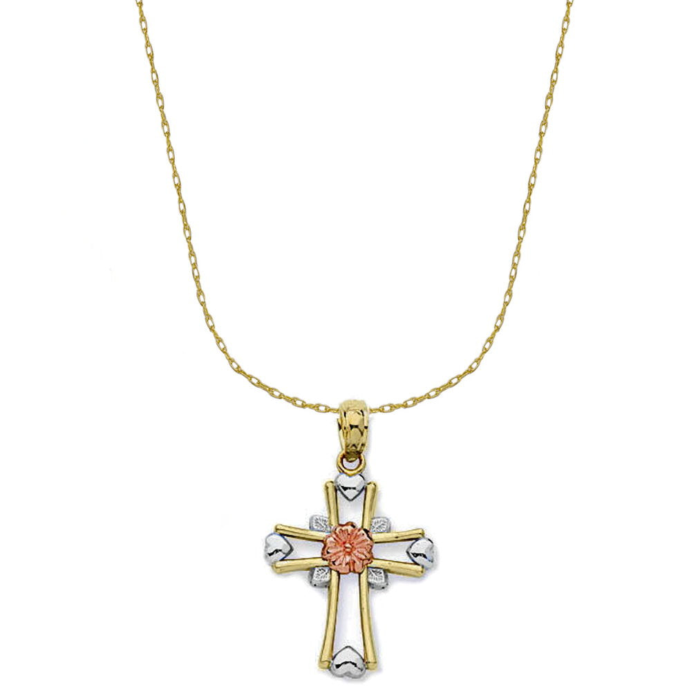 14k Gold Three-tone Flower and Heart Cross Necklace with 18-inch Chain
