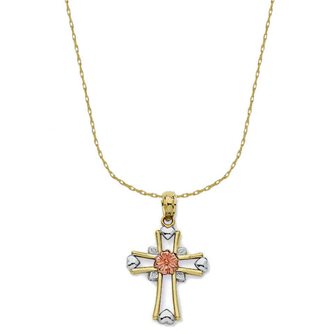 14k Gold Three-tone Flower and Heart Cross Necklace with 18-inch Chain