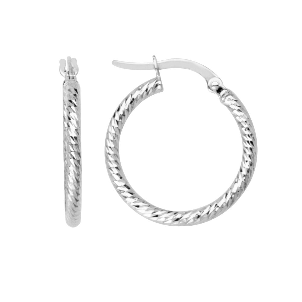 14k White Gold Round Tube Hoop Earrings 15mm Diamond-cut Finish