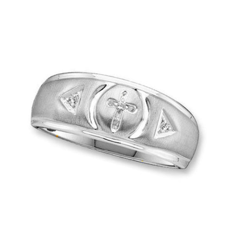 Mens Cross Diamond Band Ring Rhodium-plated Sterling Silver 1/20 CTW 3 Diamonds