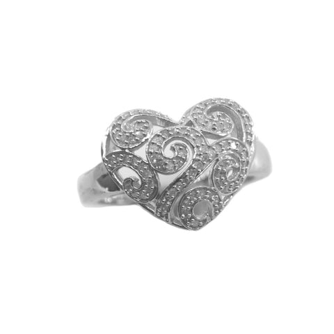 Genuine Diamond Heart Ring with Scroll Design Rhodium on Sterling Silver