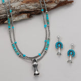 Turquoise Heshi Bead Necklace with Squash Blossom Pendant and Oxidized Beads - Handmade in the US