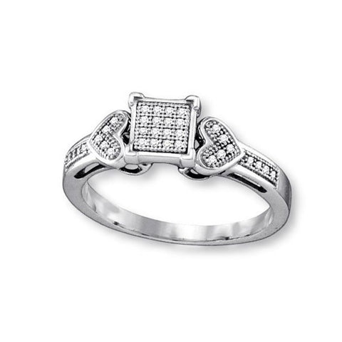 Genuine Diamond Pave Square and Heart Ring Rhodium on Sterling Silver