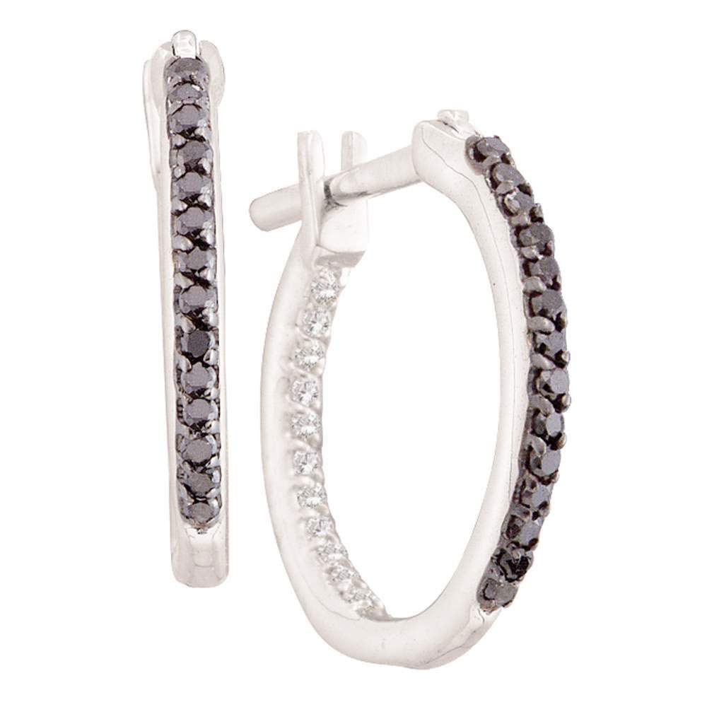14k White Gold  Round Black Color Enhanced Diamond Inside Outside Hoop Earrings 1/4 ctw