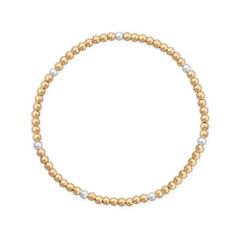 Yellow Gold-filled 3mm Bead Stretch Bracelet with Sterling Silver Accents Made in the USA