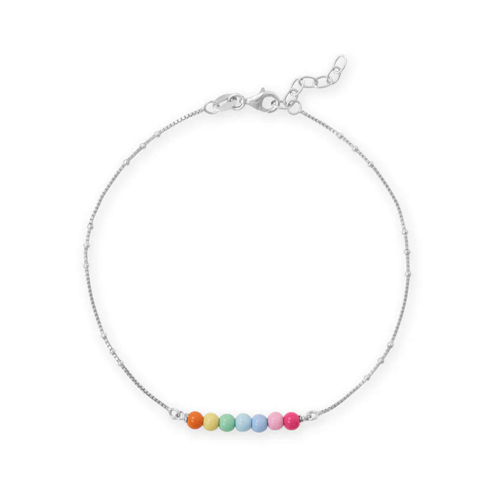 Sterling Silver Anklet with Rainbow Color Beads, 11