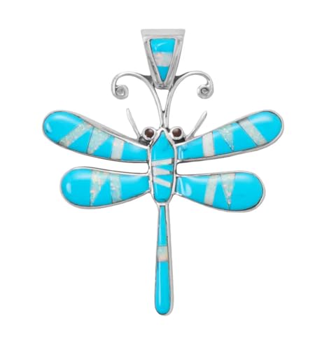 Handmade Sterling Silver Dragonfly Pendant with Reconstituted Turquoise and Synthetic Opal Inlay