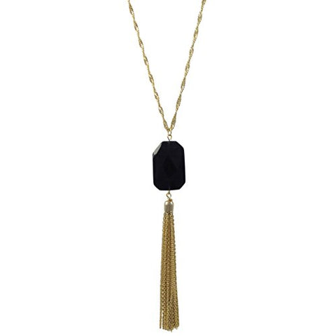 Extra Long Tassel Necklace with Synthetic Black Opal 30-inch Length Gold-plated