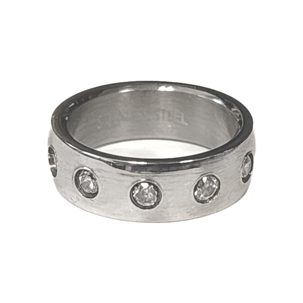 Stainless Steel Band Ring with Cubic Zirconia Accents