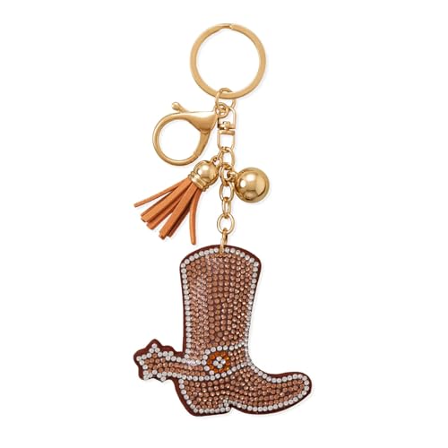 Cowgirl Boot Bag Charm Keychain with Crystals, Tassel, and Ball