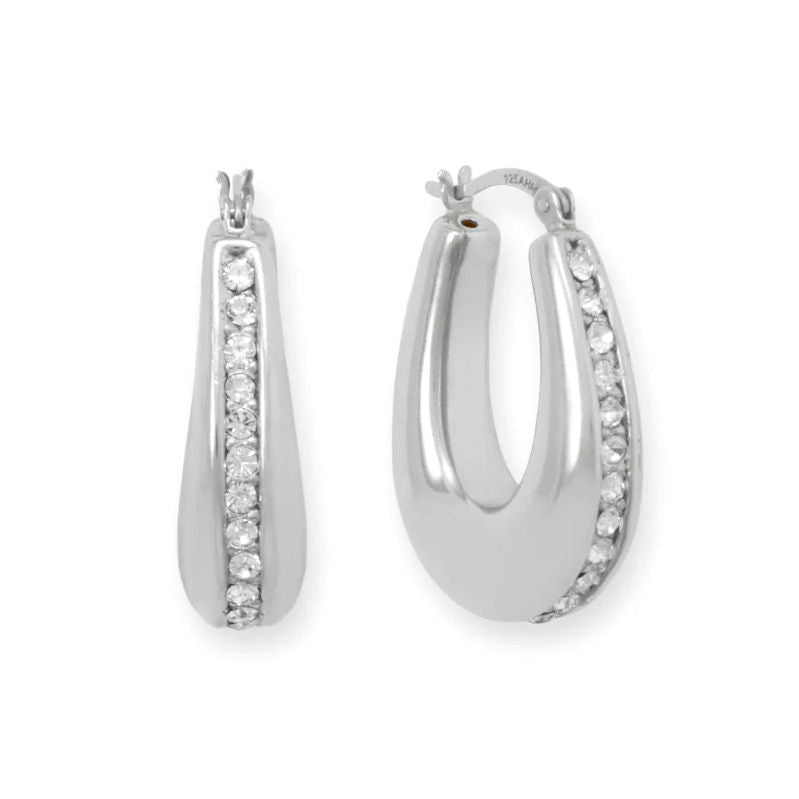 Puffed Hoop Earrings with Sparkling Line of Cubic Zirconia Stones Sterling Silver