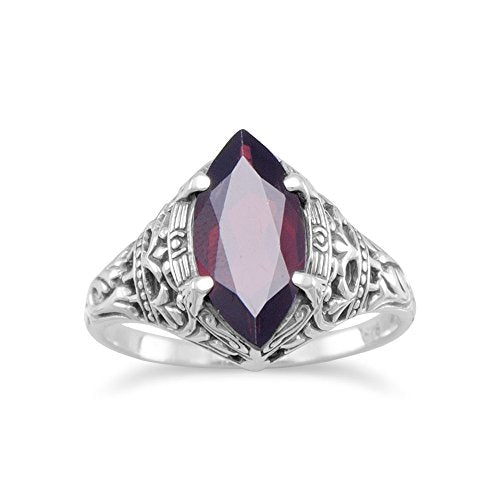 Marquise Garnet Ring Sterling Silver Antique Finish Vintage Style