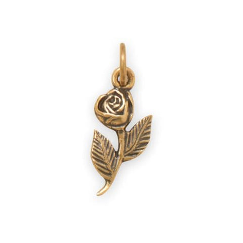 Rose with Stem Charm Gold-plated Sterling Silver, Made in the USA