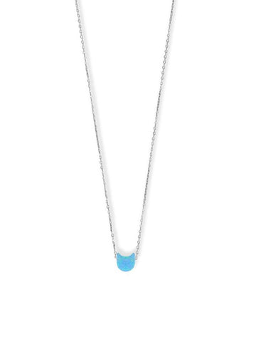 Kitty Cat Face Necklace Synthetic Blue Opal Sterling Silver Adjustable