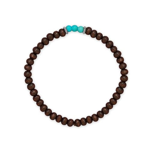 Wood and Turquoise-color Bead Bracelet Stretch with Sterling Silver Accent Beads