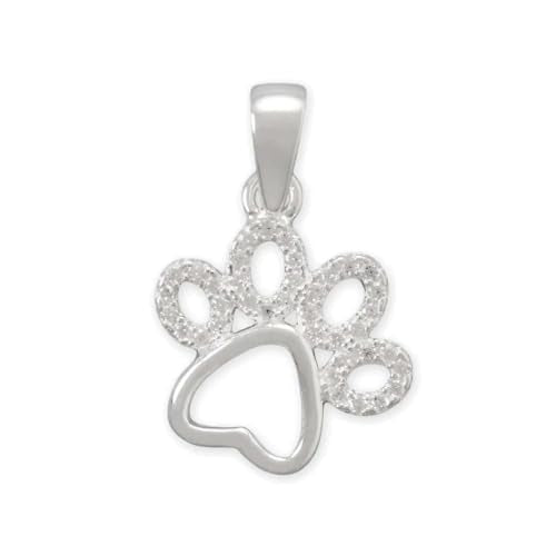 Paw Print Pendant with Cubic Zirconia and Cut Out Heart Pad Sterling Silver