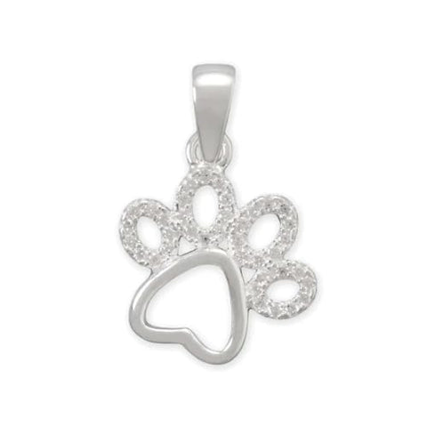 Paw Print Pendant with Cubic Zirconia and Cut Out Heart Pad Sterling Silver