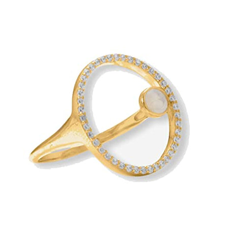 Circle Ring Floating Rainbow Moonstone and Cubic Zirconia 14 Karat Gold-plated Silver