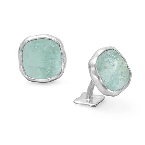 Ancient Roman Glass Washed Stone Cufflinks Aqua Sterling Silver - Limited Edition