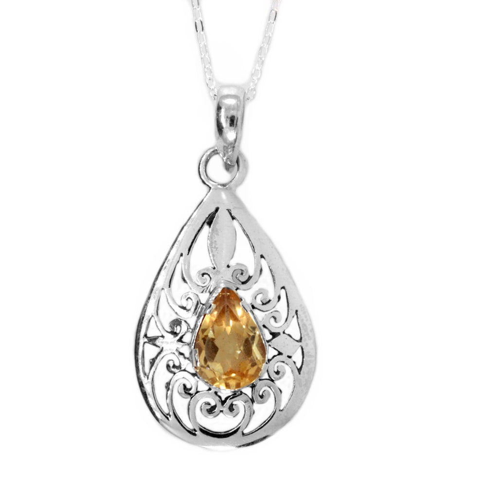 Sterling Silver Yellow Citrine Filigree Necklace with Chain Teardrop Pear Shape