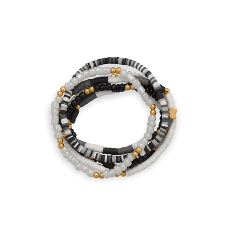 Friendship Stretch Bracelet Set of Six Black White Gold Tone Beads