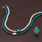 Cultured Freshwater Pearl Strand Necklace with Kingman Turquoise Bead - Handmade