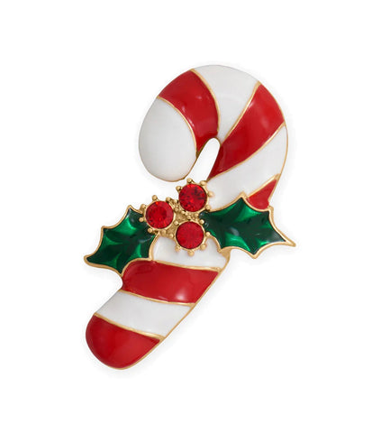 Candy Cane with Holly Pin Gold Tone Enamel and Crystal