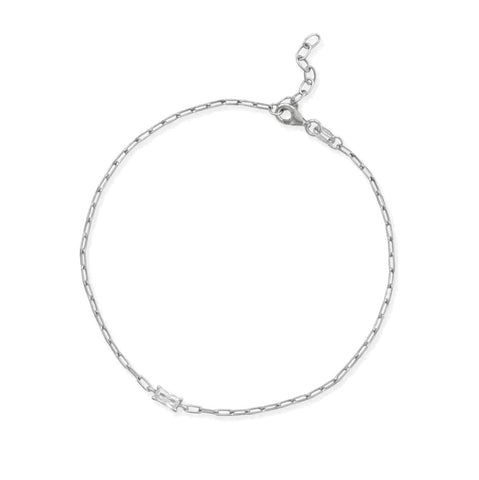 Sterling Silver Paperclip Chain Anklet with Baguette Cubic Zirconia Adjustable Length, 9