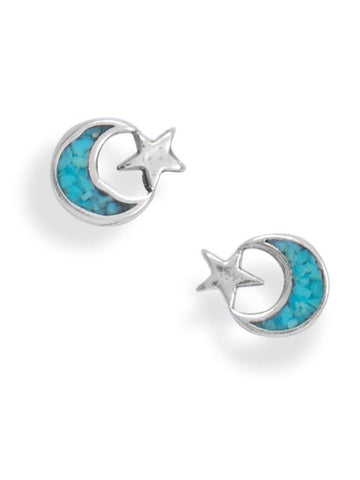Moon and Star Stud Earrings with Turquoise Chips Sterling Silver - Made in the USA