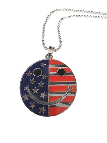 Smiley Face Pendant Necklace with Flag Design Beaded Chain