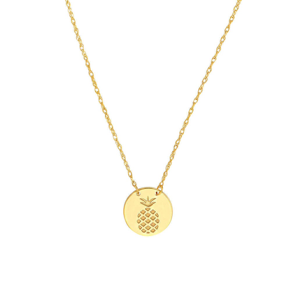 14k Yellow Gold Mini Disk Pendant Necklace with Engraved Pineapple