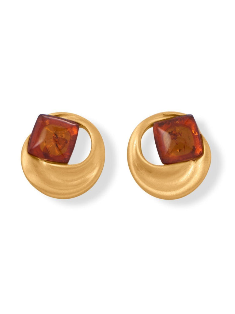 Baltic Amber Cognac Circle Wave Post Earrings 24k Gold-plated Silver