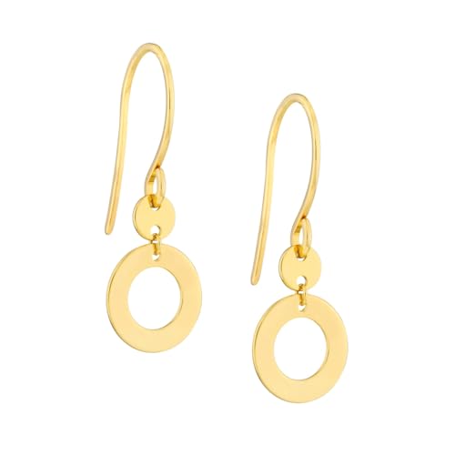 14K Yellow Gold Earrings High Polish Open Circle and Disk Dangle