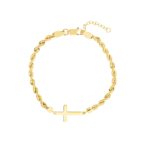 14k Yellow Gold Rope Bracelet with Side Set Cross Adjustable Length