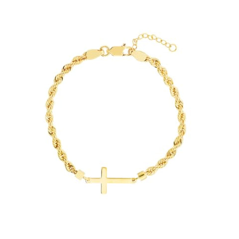 14k Yellow Gold Rope Bracelet with Side Set Cross Adjustable Length