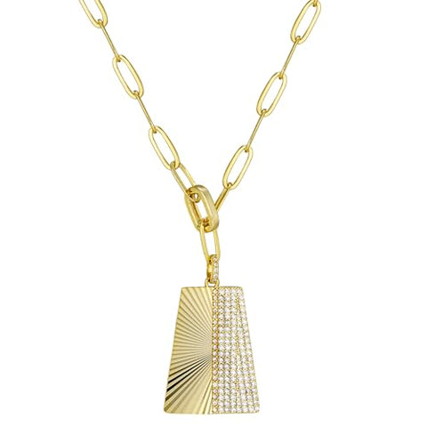 Gold Plated Trapezoid Sunburst Necklace with Cubic Zirconia on Paperclip Chain Adjustable
