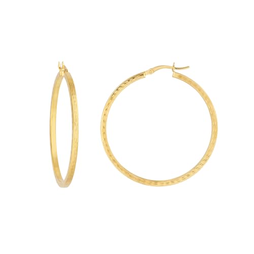 14k Yellow Gold Hoop Earrings with Square Edge Diamond-cut