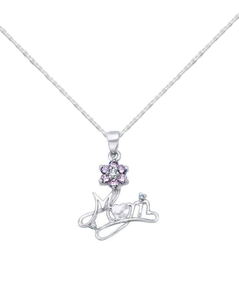 Mom Necklace with Cubic Zirconia Pink Flower Rope Chain Sterling Silver, 18-inch