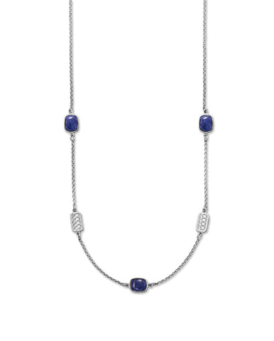 Blue Sodalite Necklace with Weave Design Stations Rhodium on Silver Adjustable M34509-16