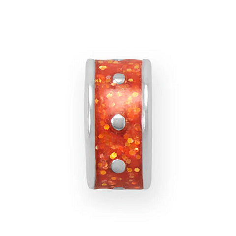 Orange Glitter Enamel Inlay Dotted Wheel Bead Charm Rhodium on Sterling Non-tarnish