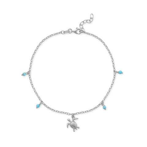 Sea Turtle and Reconstituted Turquoise Charm Anklet Sterling Silver Adjustable, 11