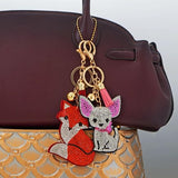 Chihuahua Dog Bag Charm Keychain with Crystals, Tassel, and Ball