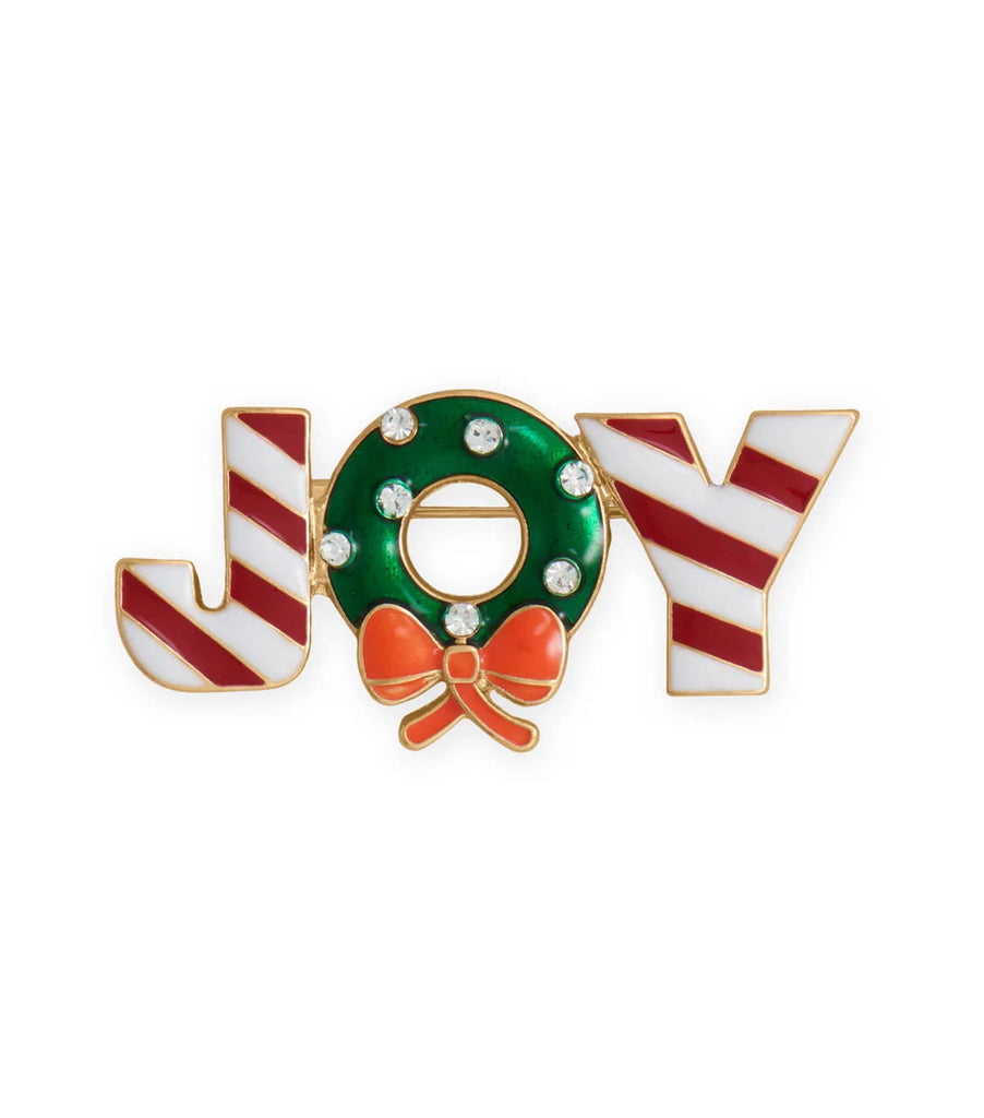 Joy Wreath Fashion Pin Candy Cane Stripes and Bow Gold Tone